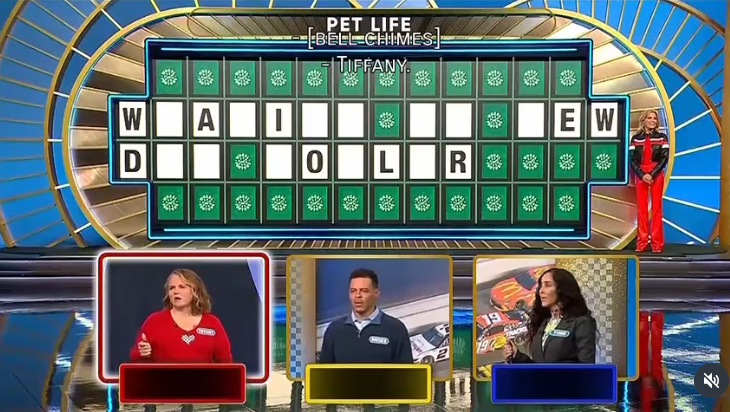 Wheel of Fortune contestants solving a word puzzle in a pet life category, Photo Credit: phily498/Instagram