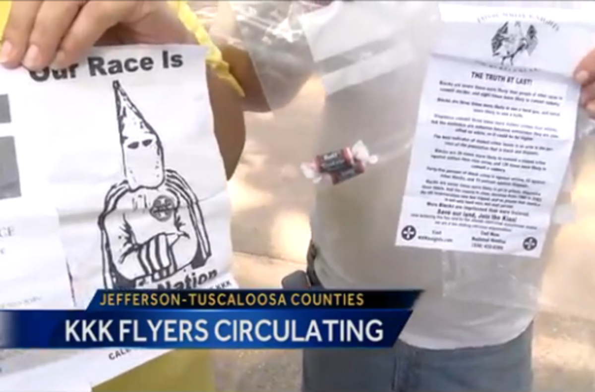 alabama residents find kkk recruitment flyers with candy attached in kkk alabama flyers
