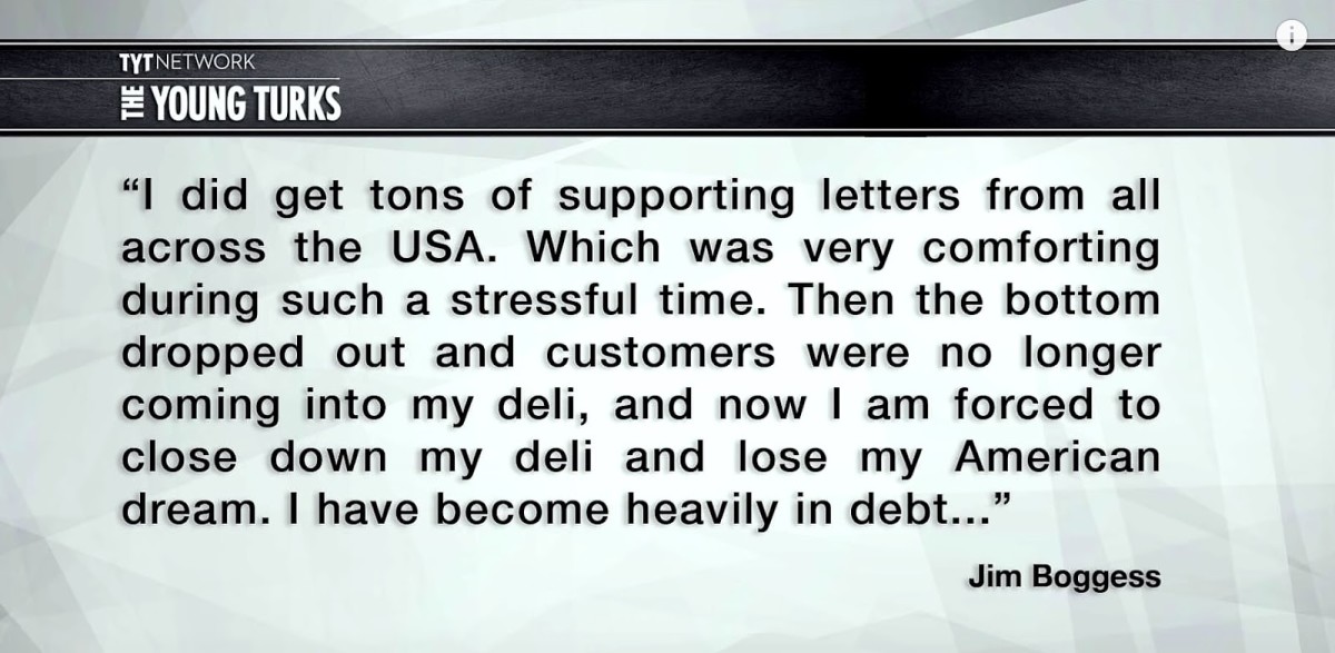Screenshot of the deli owner's statement to the press regarding the community reaction to his sign, photo Credit: The Young Turks