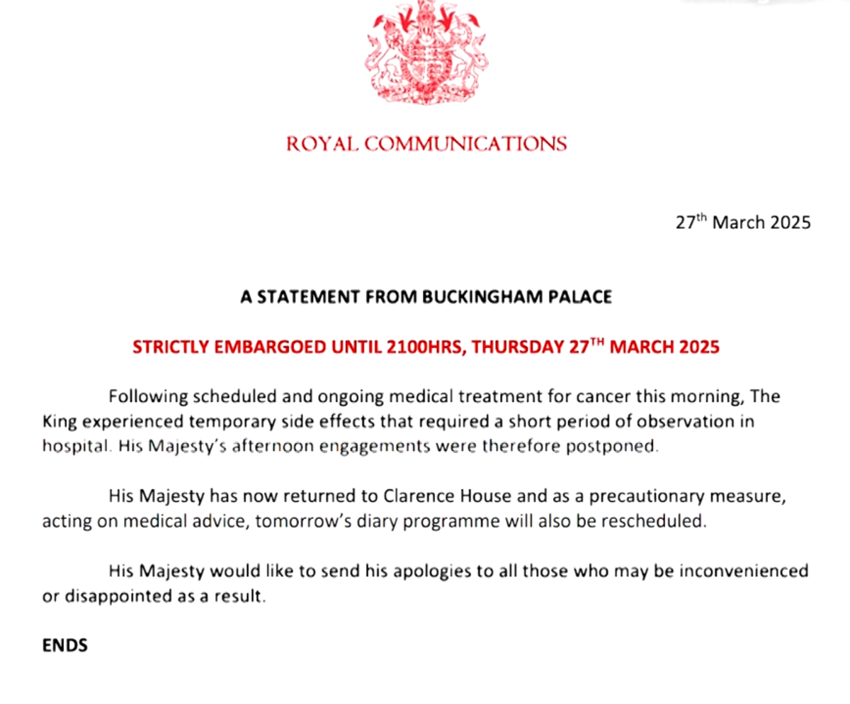 A written statement from Buckingham Palace, Photo Credit: Reuters/Youtube