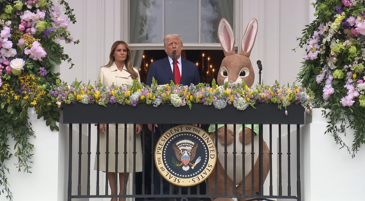 Donald and Melania Trump with a bunny mascot during the Annual Egg Roll at the White House, Photo Credit: The White House/Youtube