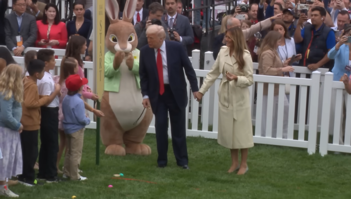 Donald and Melania Trump with a bunny mascot during the Annual Egg Roll at the White House, Photo Credit: The White House/Youtube