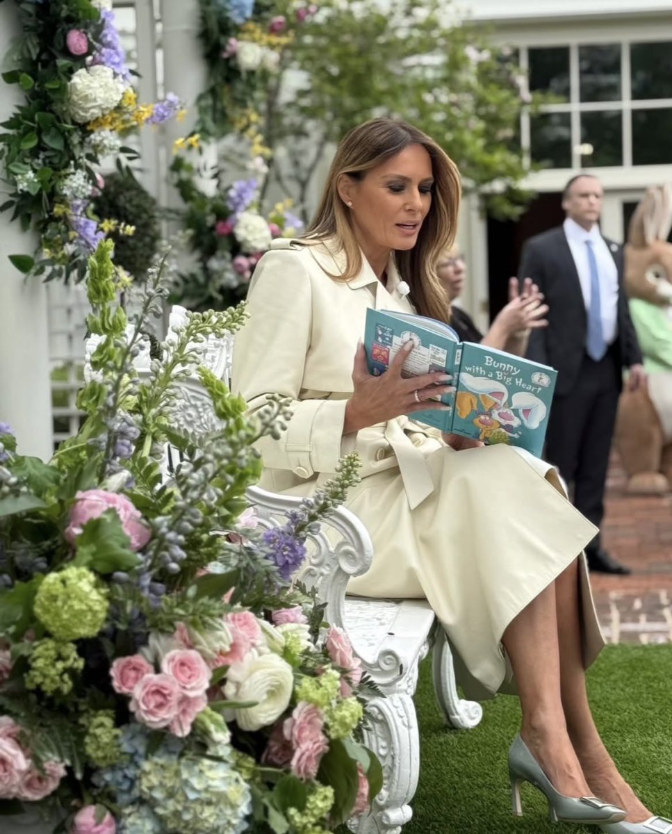 U.S. First Lady Melania Trump reading a book to children during the Annual Easter Egg Roll at the White House, Photo Credit: TrumpGirlOnFire/X