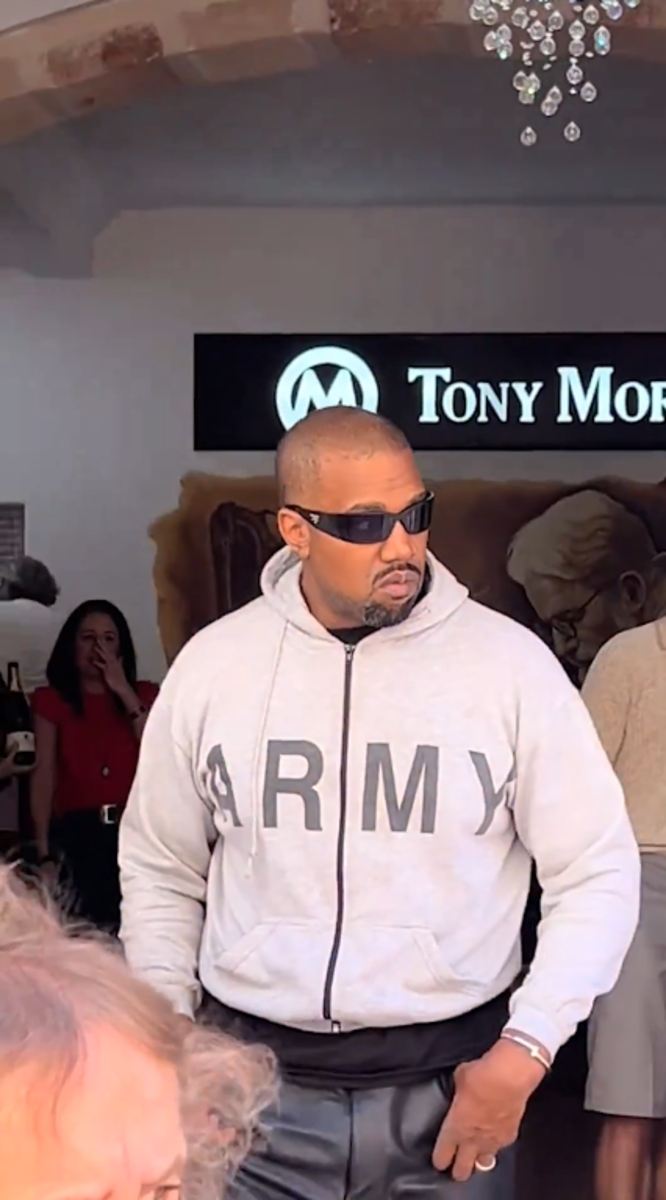 Kanye West steps outside of Tony Mora in Mallorca, Spain, Photo Credit: Kurrco/X