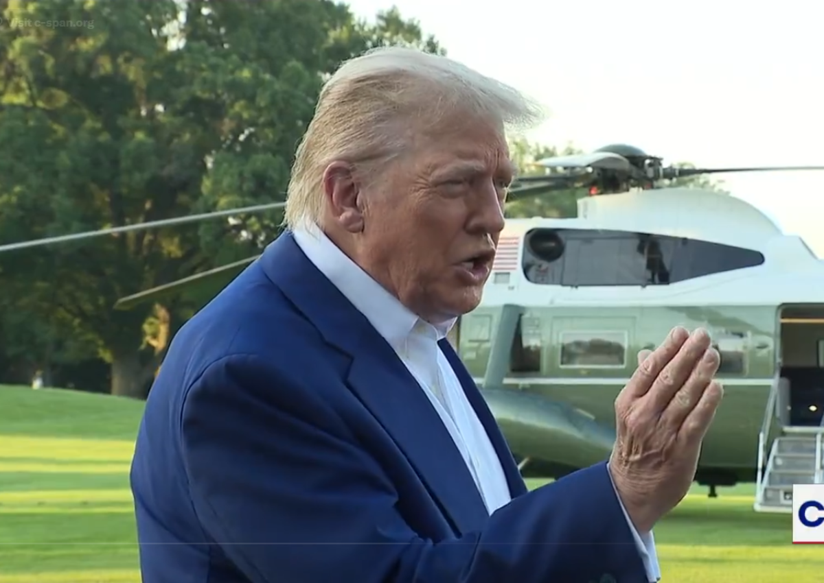 President Donald Trump talking with reporters before boarding Marine One, Photo Credit: Joshua Reid | Redpills.tv/X