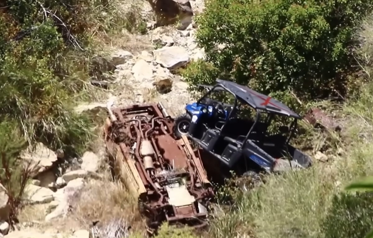 Sophia Hutchins ATV vehicle turned upside down off the road, Photo Credit: KTLA 5/Youtube