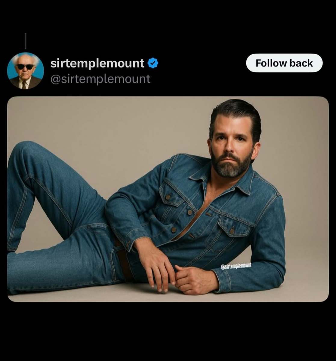 A photoshopped image of Donald Trump Jr. posing like Sydney Sweeney did for her American Eagle campaign, Photo Credit: donaldjtrumpjr/Instagram