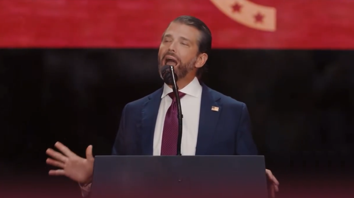 Donald Trump Jr. giving a speech at Charlie Kirk's memorial, Photo Credit: Fraser Jackson/X