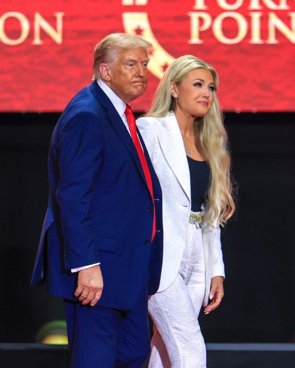 President Trump comforts Erica Kirk at Charlie Kirk’s Memorial Service, Photo Credit: Todd S. Regelski/X