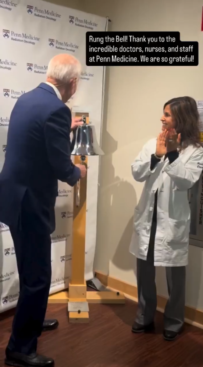 Joe Biden rings the bell after he completed his radiation treatment, Photo Credit: Chris D. Jackson/X