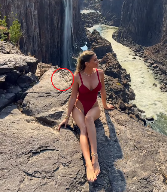 Jess Melu posing for a photo with the iconic Victoria Falls in the background and a snake behind her circled red, Photo Credit: jessmelu/Instagram