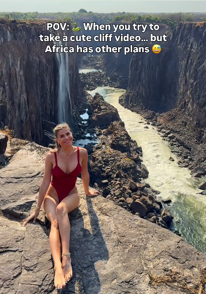 Jess Melu posing for a photo with the iconic Victoria Falls in the background, Photo Credit: jessmelu/Instagram