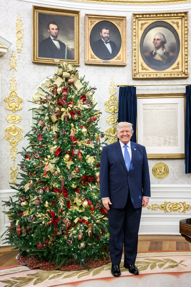 President Donald Trump standing beside a christmas tree inside the White House, Photo Credit: The White House/X