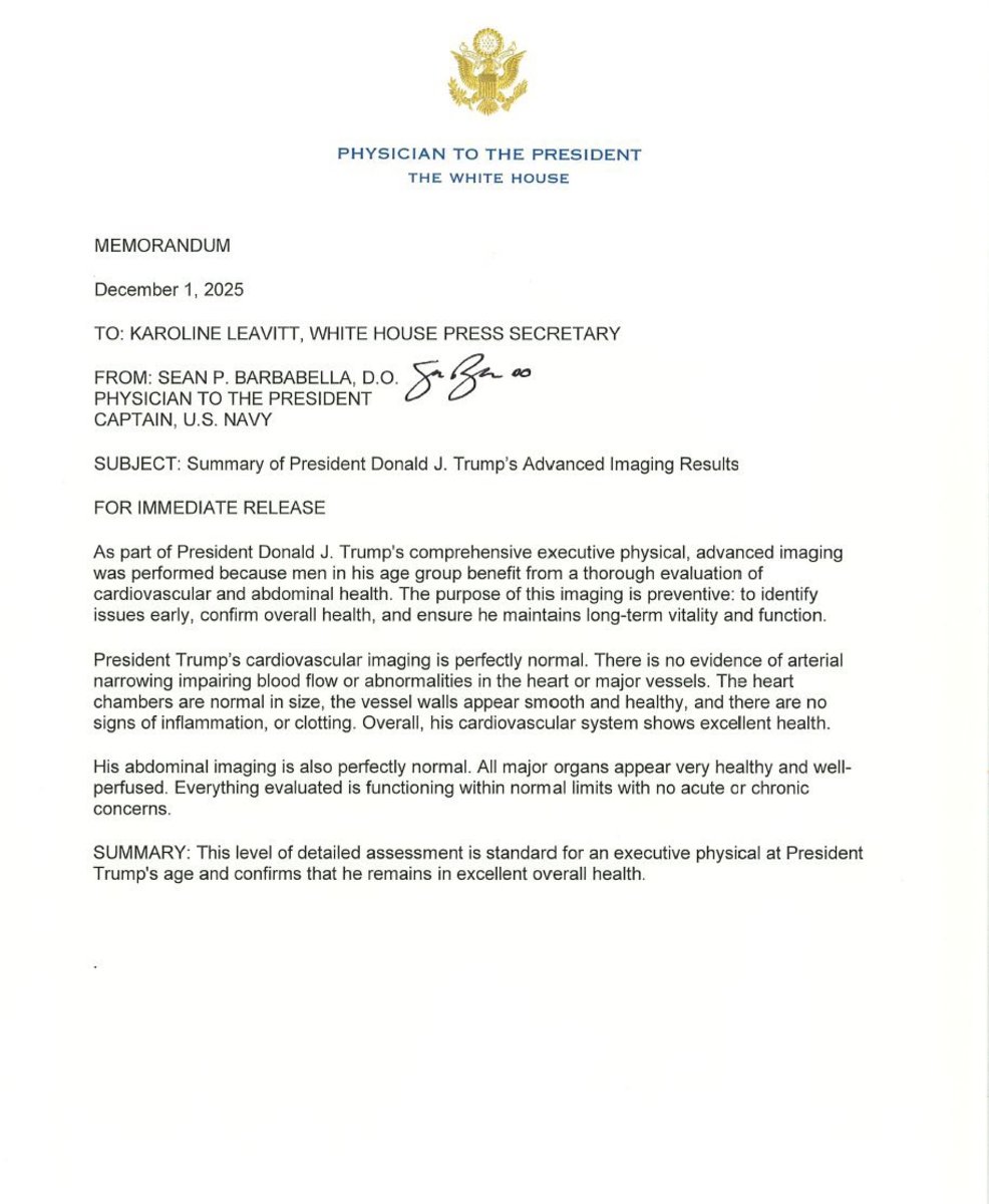 A letter from President Trump's Physician detailing the MRI test results, Photo Credit: Weijia Jiang/X