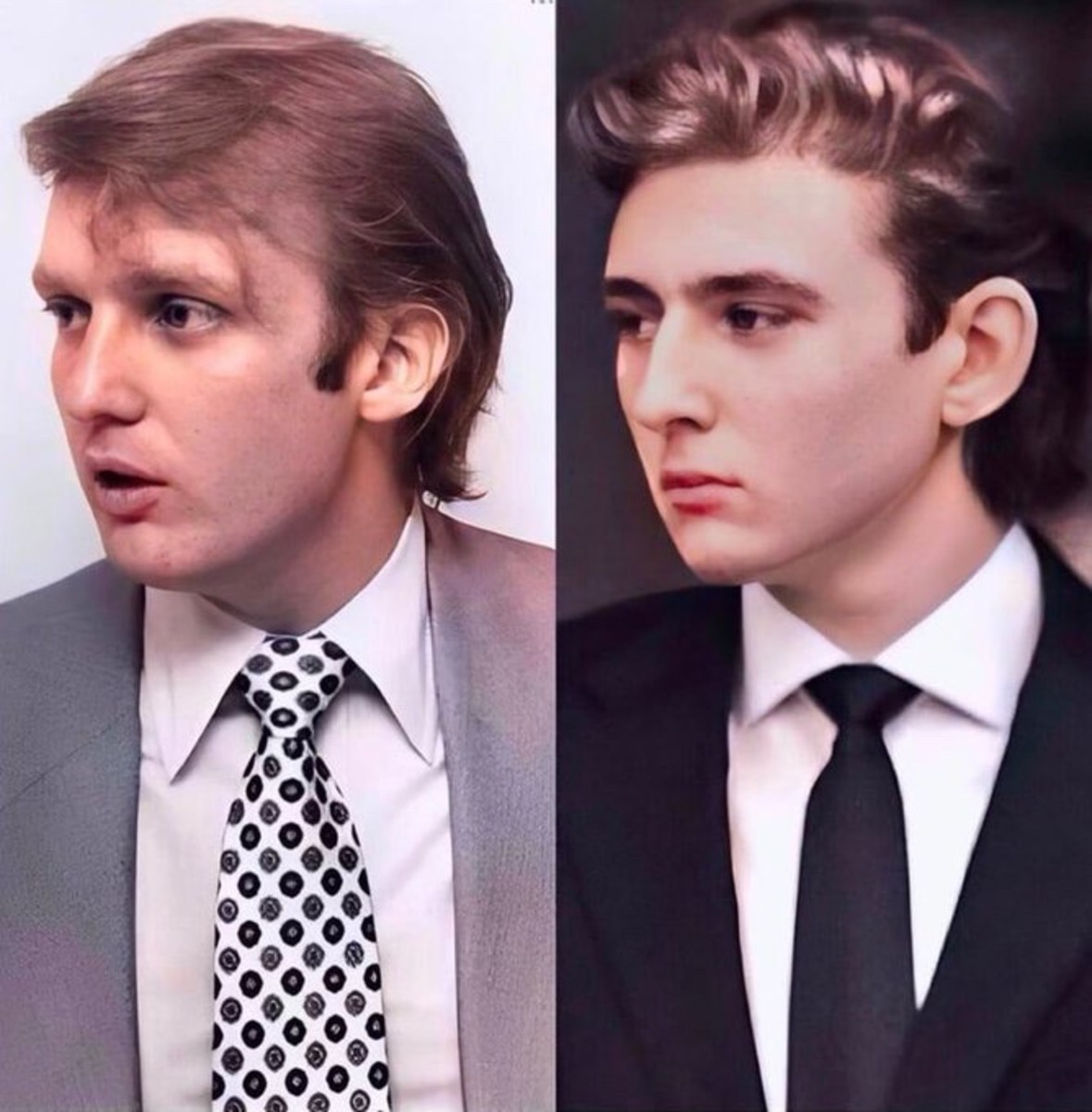 A side-by-side comparison of a young Donald Trump and Barron Trump, Photo Credit: Defiant World/X