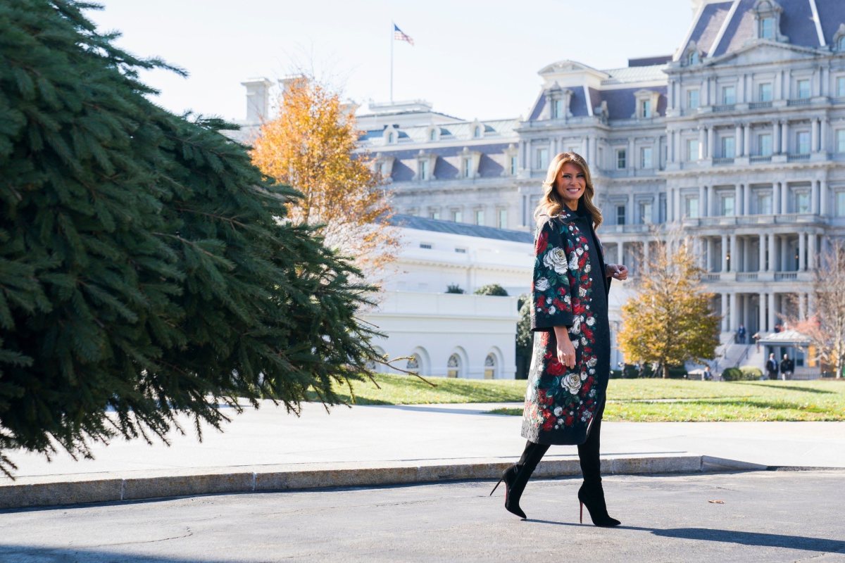 Melania Trump smiling for the camera while mid-stroll, Photo Credit: FLOTUS Report/X