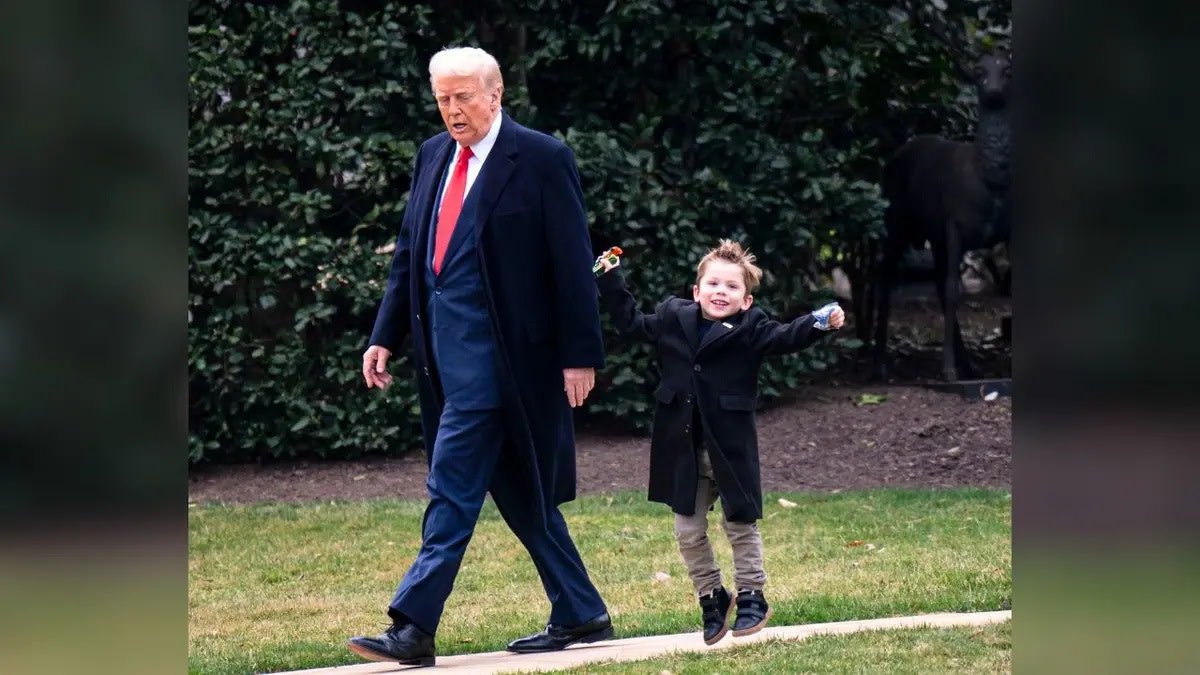 President Donald Trump with Elon Musk's son walking to Marine Force One, Photo Credit: mr bill/X