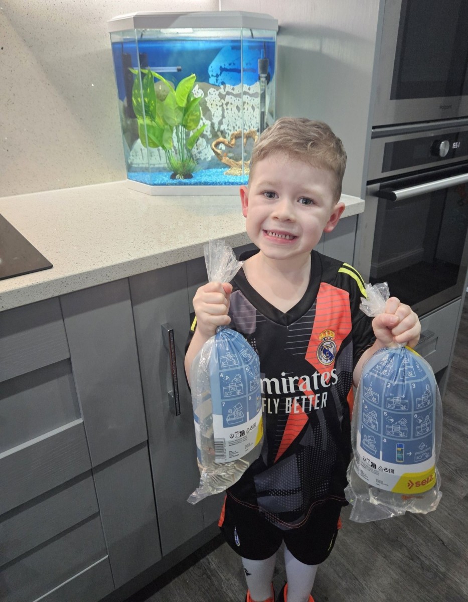 Jaxon Knowles holding two new pet fish in a plastic bag, Photo Credit: Sammy Knowles/Facebook