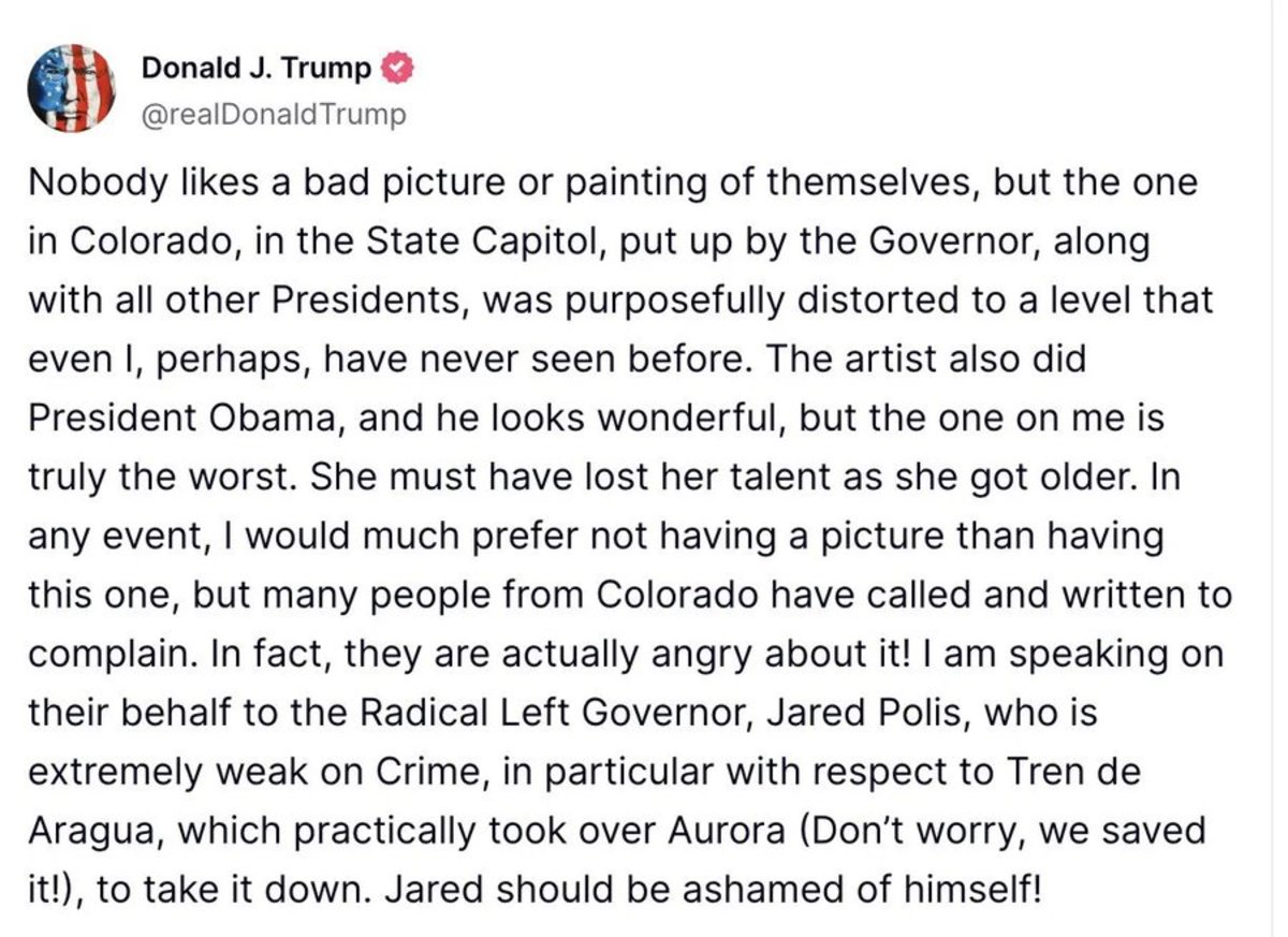 President Donald Trump's message about the portrait posted on his platform Truth social, Photo Credit: RT/X
