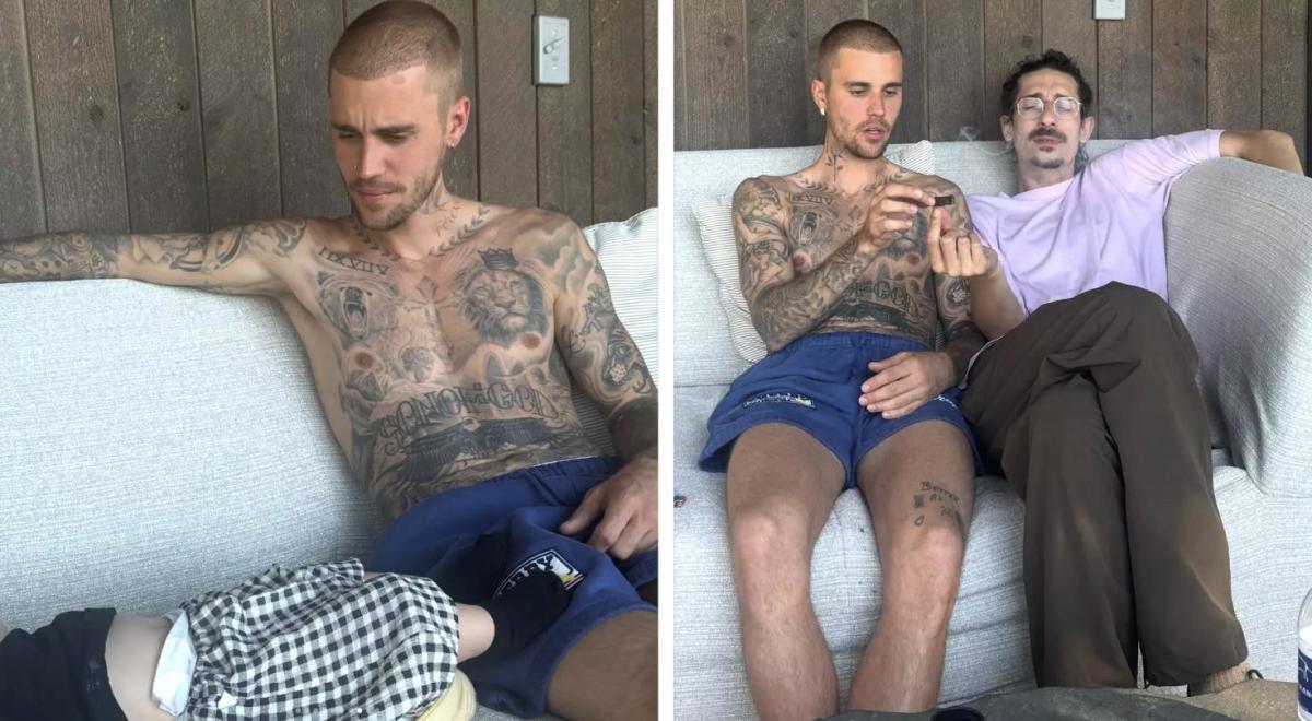Side by side photos of a shirtless Justin bieber. In the left photo, he sits next to his toddler son while in the right photo, he appears to be smoking a joint of marijuana, Photo Credit: lilbieber/X