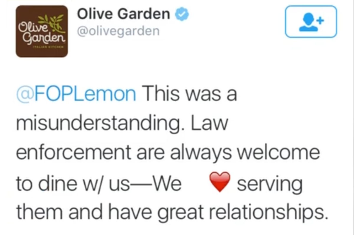 An apology post from the official Olive Garden Twitter account regarding a misunderstanding involving law enforcement, Photo Credit: TomoNews US/X