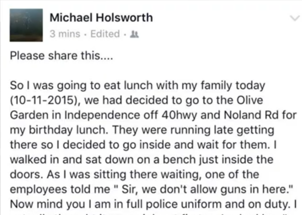 A social media post by officer Michael Holsworth about the incident at an Olive Garden restaurant, Photo Credit: TomoNews US/X