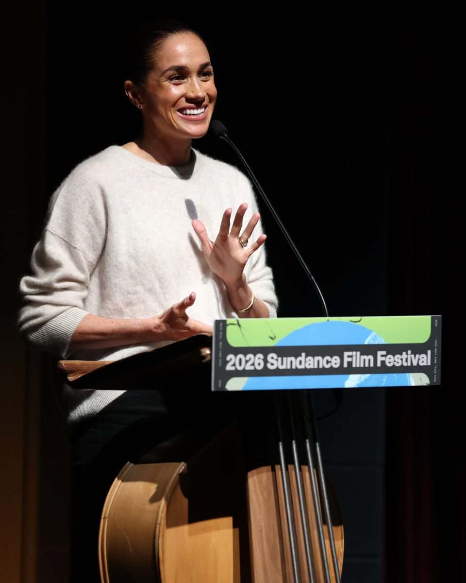 Meghan Markle speaking from a podium at the 2026 Sundance Film Festival, Photo Credit: townandcountrymag/Instagram