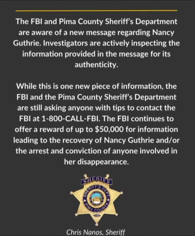 A written statement of Chris Nanos, Sheriff of Pima County regarding the investigation of Nancy Guthrie's disappearance, Photo Credit: News 4 Tucson KVOA-TV/Youtube