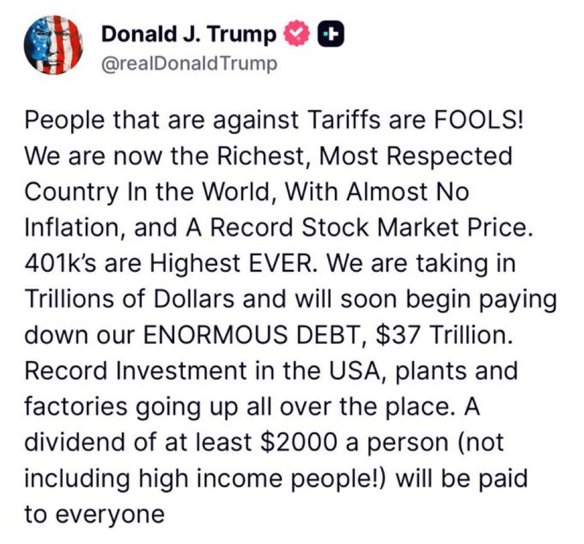 President Trump's post on Truth Social about the $2,000 tariff dividend, Photo Credit: Edamommy/X