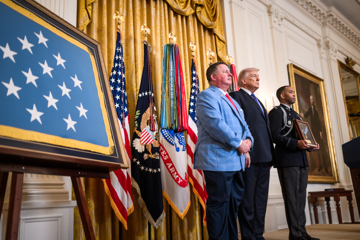 President Trump presents the Congressional Medal of Honor to U.S. Army Master Sergeant Roderick W. Edmonds, posthumously, accepted by his son Chris, Photo Credit: The White House/X