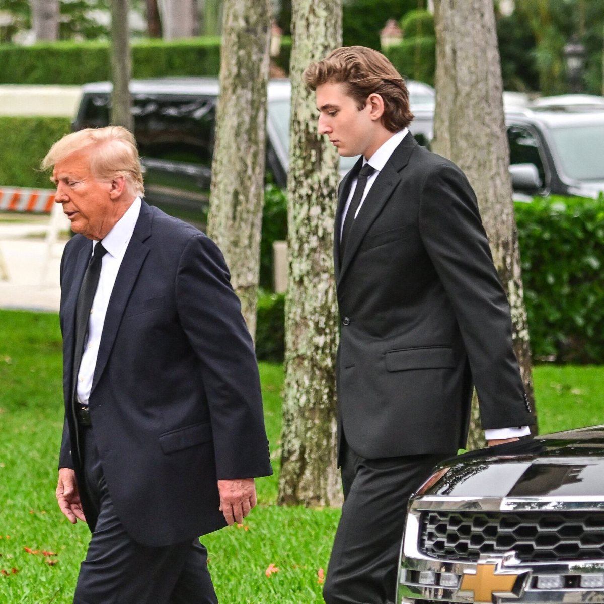 Donald and Barron Trump attend the funeral of Melania Trump's mother, Amalija Knavs, 2024, Photo Credit: Jim Njue/X
